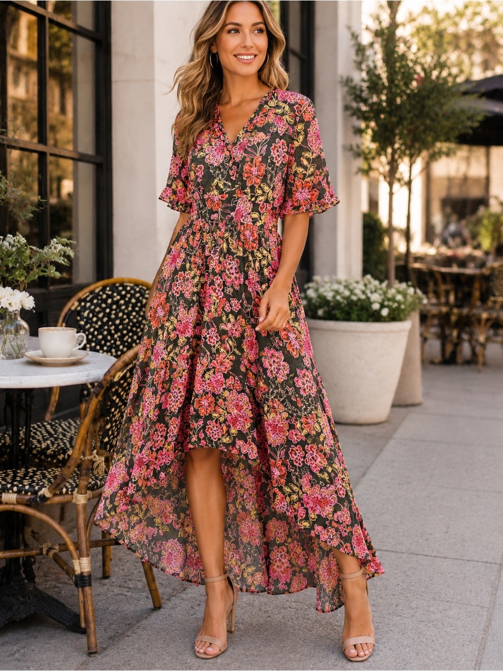 M12 Maggy London Floral High-Low Fit & Flare Dress Size 6